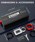 2500W Sump Pump Battery Backup System With Pure Sine Wave Inverter Charger showing dimensions and accessories