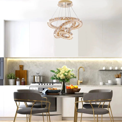 Dope Crystal Ring LED Pendant Light With Adjustable Stainless Steel Ceiling Fixture in modern kitchen setting