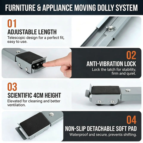 Heavy Duty Adjustable Appliance Mover Dolly With 24 Silent Wheels For Washing Machine And Sofa Moving, features like anti-vibration lock.