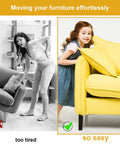 Heavy Duty Self Adhesive Furniture Sliders 12 Pack shown easing the moving of a yellow couch, illustrating effortless gliding.
