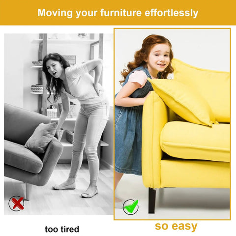 Heavy Duty Self Adhesive Furniture Sliders 12 Pack shown easing the moving of a yellow couch, illustrating effortless gliding.