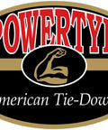 POWERTYE logo featuring a flexing arm, with the text "American Tie-Downs," highlighted on a black background.
