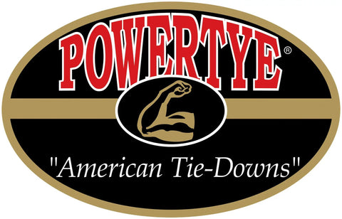 POWERTYE logo featuring a flexing arm, with the text "American Tie-Downs," highlighted on a black background.
