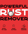 Oxalic Acid Wood Cleaner 1 Lb Fine Powder 99.9 Percent Purity Multipurpose Cleaner For Wood Stain Removal And Rust Removal Industrial Grade Strength Plus emphasized as a powerful rust remover with easy use, fast acting, and gentle cleaning features on a red background.