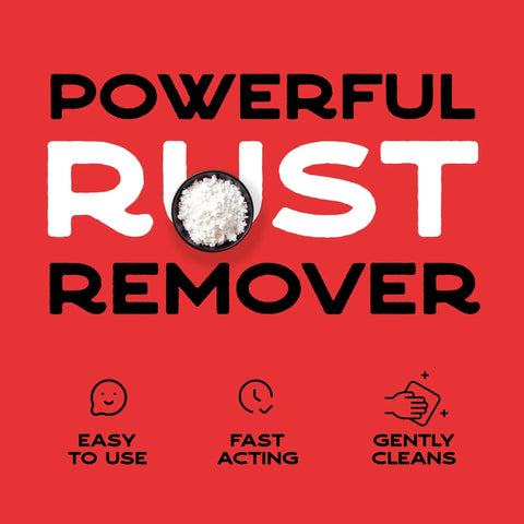 Oxalic Acid Wood Cleaner 1 Lb Fine Powder 99.9 Percent Purity Multipurpose Cleaner For Wood Stain Removal And Rust Removal Industrial Grade Strength Plus emphasized as a powerful rust remover with easy use, fast acting, and gentle cleaning features on a red background.