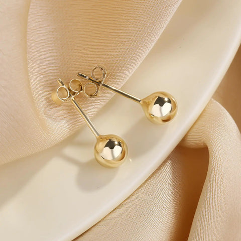 Unisex 14K Gold Ball Stud Earrings Lightweight Hypoallergenic Lead Free Nickel Free 16.9mm By 6mm 1g Durable Everyday Wear Jewelry For Women And Men, pair on satin