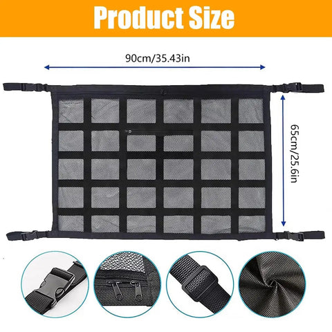 Heavy Duty Car Ceiling Cargo Net For Tesla Cybertruck double layer mesh organizer showing dimensions 90cm x 65cm, designed for vehicle storage.