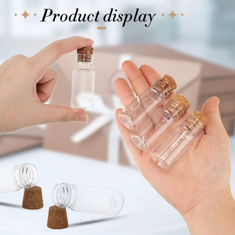Hands holding 100 Pack Mini Plastic Bottles With Cork Stoppers And Eye Screws Craft Kit for DIY Projects and Party Favors