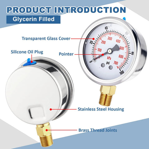 Saysurey glycerin-filled pressure gauge, 2.5-inch dial, 0-100 psi, stainless steel housing