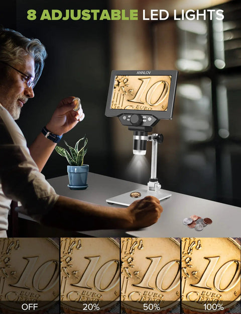 7-Inch LCD Digital Microscope With 1200X Magnification, 1080P Video, Coin Microscope, Metal Stand, 12MP Ultra-Precise Focusing Camera, 8 LED Fill Lights, Windows and Mac Compatible, Ideal for Curious Adults and Hobbyists Who Want Dope Detail. Man examining coin