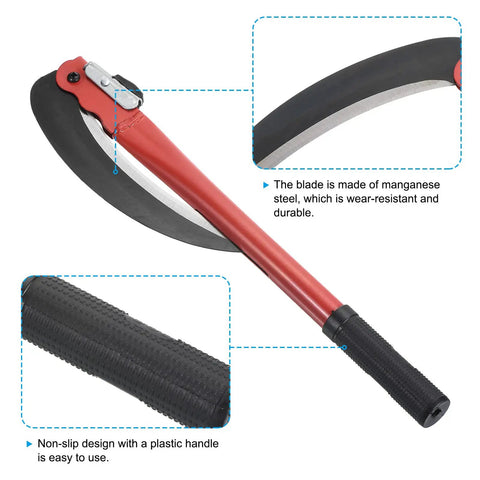 17 Inch Folding Sickle 2 Pack with Manganese Steel Blade Portable Weed Remover Scythe for Farming Grafting Knife Brush Cutter Durable Plastic Handle Weather Resistant Outdoor Yard Work Ready Tool, close-up of the sickle's blade and handle