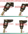 Instructions for using a hand drill with 2Mm Diamond Drill Bits For Glass And Tile 0.08 Inch Hole Saw Set For Ceramic Porcelain Stone Marble Granite Water Lubricated Razor Sharp Carbon Steel Bits to drill into glass at various angles: 45, 60, 80, 90 degrees.