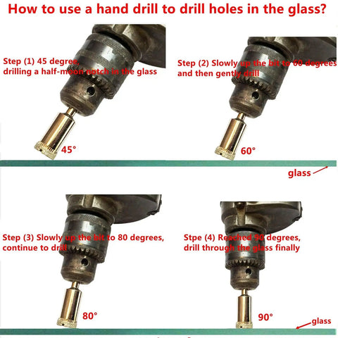 Instructions for using a hand drill with 2Mm Diamond Drill Bits For Glass And Tile 0.08 Inch Hole Saw Set For Ceramic Porcelain Stone Marble Granite Water Lubricated Razor Sharp Carbon Steel Bits to drill into glass at various angles: 45, 60, 80, 90 degrees.