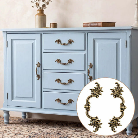 Blue cabinet with 10 Pack Vintage Cabinet Pulls in Antique Brass Finish with 2.5 inch center hole, includes screws