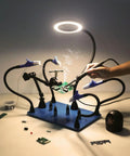 Magnetic Third Hand Soldering Station With 3X To 6X Magnifying Glass, LED Lighting, Adjustable Alligator Clips, Heavy Duty Base in use