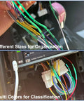 Image showing 430 Pieces Two To One Heat Shrink Tubing Kit For Wires Industrial Marine Grade Waterproof Heat Shrink Wrap With Twelve Sizes And Six Color Assortment For Heavy Duty Electrical Insulation used on wires in a car, different sizes and colors visible.