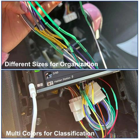 Image showing 430 Pieces Two To One Heat Shrink Tubing Kit For Wires Industrial Marine Grade Waterproof Heat Shrink Wrap With Twelve Sizes And Six Color Assortment For Heavy Duty Electrical Insulation used on wires in a car, different sizes and colors visible.