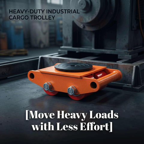 Set Of Four Heavy Duty Machinery Mover Skates With 360 Degree Swivel For Industrial Machines, Beefy Carbon Steel Moving Skates For CNCs, Stamping Presses, And Warehouse Gear, Rugged And Easy Roll, orange skate under machine