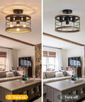 Living room with Industrial Farmhouse Dope Semi Flush Mount Ceiling Light Fixture with white wood grain metal cage, on and off view