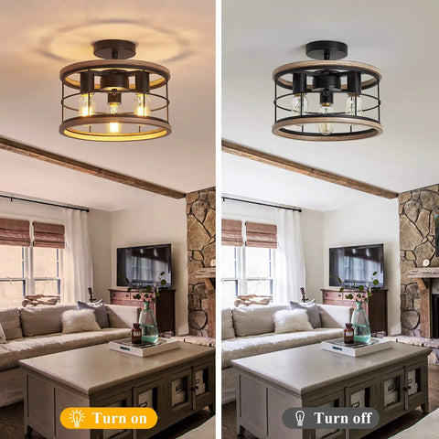 Living room with Industrial Farmhouse Dope Semi Flush Mount Ceiling Light Fixture with white wood grain metal cage, on and off view