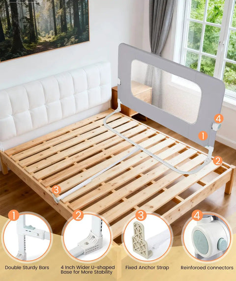 Swing Down Bed Rail Guard For Toddlers 59 Inch Long showing reinforced alloy steel frame and extra wide base on wooden bed frame