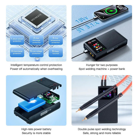 Portable Spot Welder With 1.8 Inch LCD Screen Dual Pulse Welding Machine For 18650 Battery Packs shown with features.