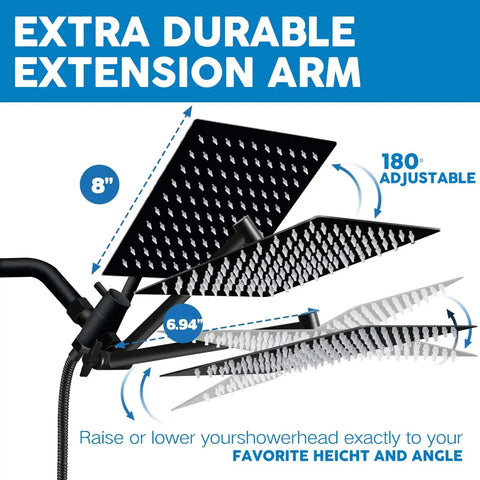 8 Inch Square Rain Shower Head With Handheld Spray Combo And Adjustable Extension Arm Three Way Flow Regulator High Pressure Hose Matte Black Shower System For Home Spa Vibe with adjustable extension arm