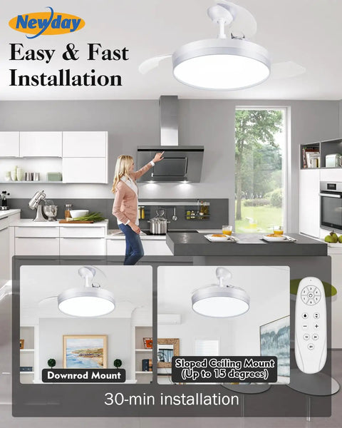 Retractable 42 Inch Smart Ceiling Fan With Lights App Remote Control in a modern kitchen, easy installation display