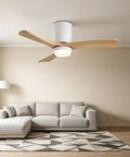 42" Low Profile Ceiling Fan with Light, Matte White Wood Blade Flush Mount Fan, in a cozy living room setting.