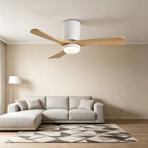 42" Low Profile Ceiling Fan with Light, Matte White Wood Blade Flush Mount Fan, in a cozy living room setting.
