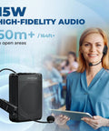 Woman using Wireless Voice Amplifier With Microphone For Teachers And Public Speaking Portable 15W PA System.