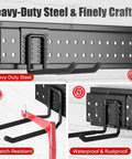 Garage Tool Organizer Wall Mount 48 Inch With 10 Adjustable Heavy Duty Hooks, shown in steel material and close-up details.