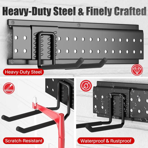 Garage Tool Organizer Wall Mount 48 Inch With 10 Adjustable Heavy Duty Hooks, shown in steel material and close-up details.