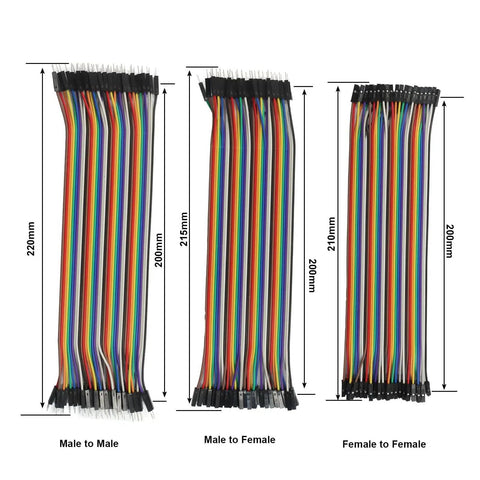 240 Piece Multicolored Dupont Wire Kit showing male to male, male to female, and female to female jumper cables in various lengths.