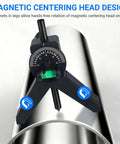 JHTII magnetic centering head, front view on a pipe; black Y-shaped pipe center finder with bubble protractor