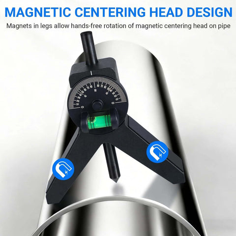 JHTII magnetic centering head, front view on a pipe; black Y-shaped pipe center finder with bubble protractor