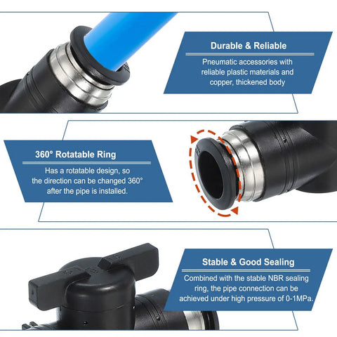 Four Pack 16mm Push To Connect Ball Valve Fittings For Pneumatic Systems, 360° rotatable, nickel plated copper and plastic