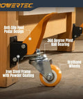 Heavy Duty Workbench Caster Kit With Retractable Stepdown Swivel Wheels Set Of Four Two Point Five Inch TPR Casters 600 Pound Rock Solid Shop Furniture Gear For Hassle Free Rolling showing anti-slip foot pedal and urethane wheels.