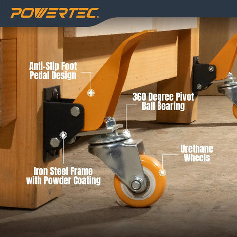 Heavy Duty Workbench Caster Kit With Retractable Stepdown Swivel Wheels Set Of Four Two Point Five Inch TPR Casters 600 Pound Rock Solid Shop Furniture Gear For Hassle Free Rolling showing anti-slip foot pedal and urethane wheels.
