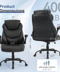 Front and back views of 400 Lbs Capacity Big And Tall Leather Executive Office Chair With Padded Flip Up Armrests, dimensions shown