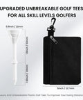 Unbreakable Plastic Golf Tees Three And One Quarter Inch 30 Pack With Pouch showing tee and pouch dimensions