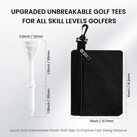 Unbreakable Plastic Golf Tees Three And One Quarter Inch 30 Pack With Pouch showing tee and pouch dimensions