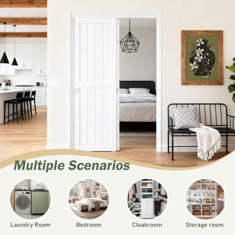 Sliding Closet Doors 60x80 Inches With White Bypass Barn Door Hardware Kit installed in a modern living space