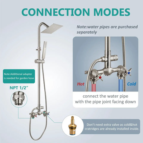 Connection modes for Wall Mount Outdoor Shower Kit With Handheld Sprayer, showing hot and cold water pipes setup details.