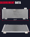 Dimensions of Beefed-Up 40K Transmission Oil Cooler Kit With Low Pressure Drop, 22.8"x8.5"x1.3", brazed aluminum construction.