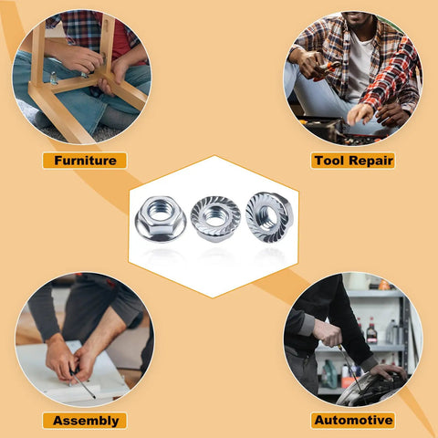 Top Shelf Carbon Steel Serrated Flange Hex Nuts 5/16-18 Inch Assortment Kit for furniture, tool repair, assembly, and automotive use.