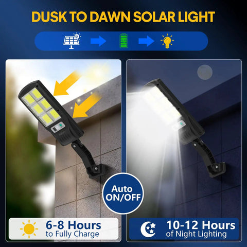 Solar Powered Motion Sensor Outdoor Lights 6000 Lumens LED IP67 Waterproof Wall Lights with Remote Control, day and night illustration.