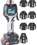 Electric Wire Crimping Tool Kit With Battery Power, Terminal Crimper With 7 Dies, 0.5-50 mm² Range displayed with dies