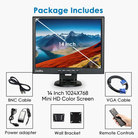 Package with 14-inch 4:3 security monitor, BNC cable, VGA cable, power adapter, wall bracket, remote control; no image stretching.