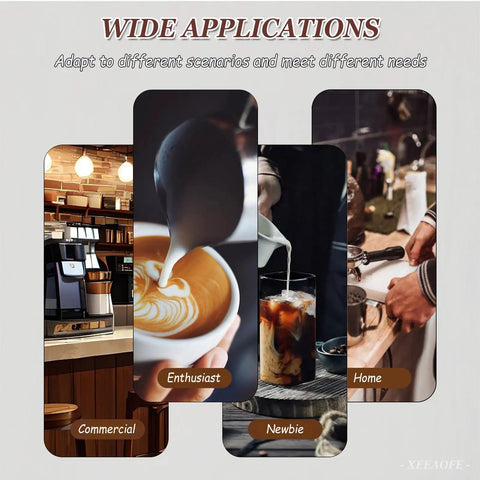 Images showcasing wide applications of the Automatic Electric Coffee Tamper with different users at commercial, home, and enthusiast settings.